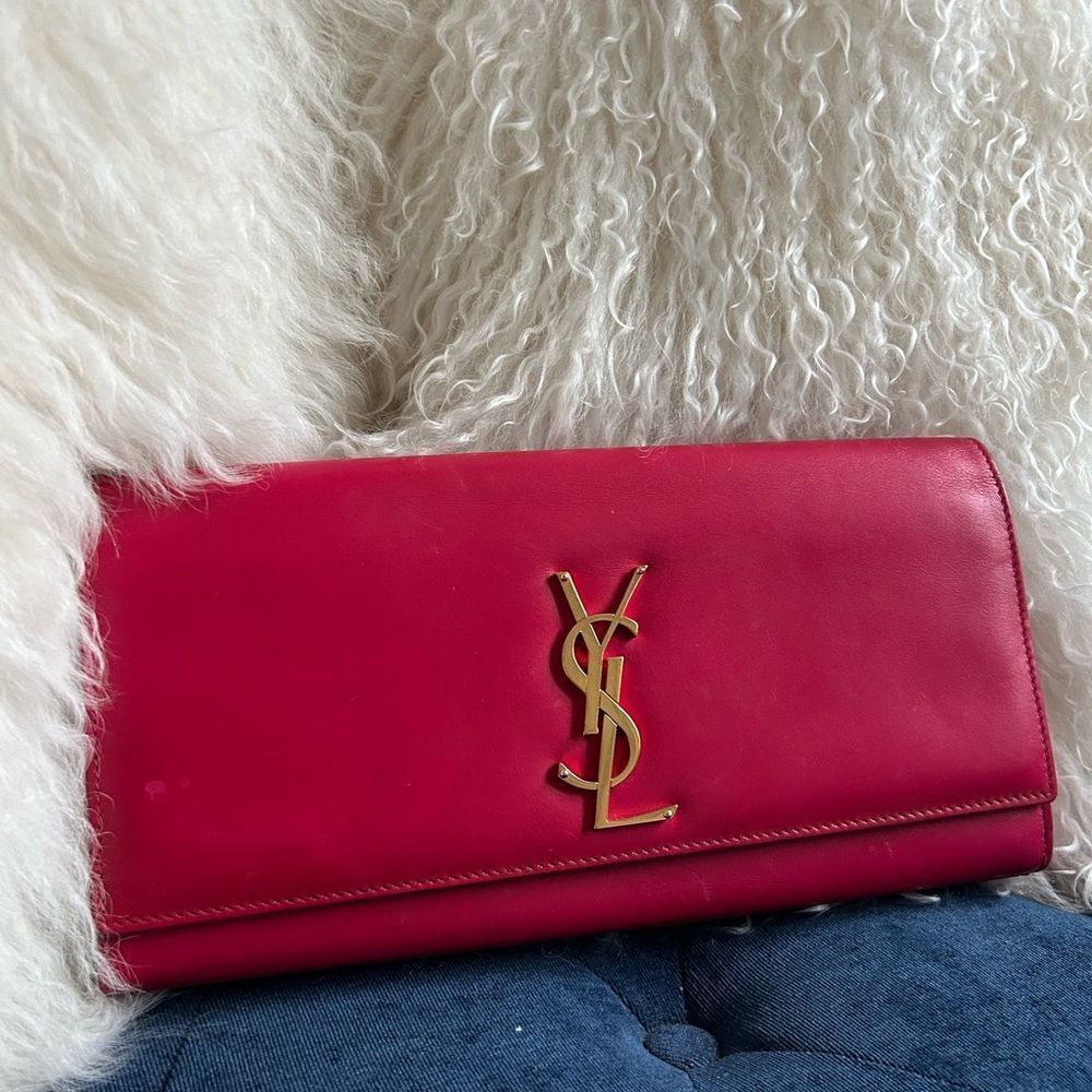Yves Saint Laurent Fuchsia Clutch with Gold Logo